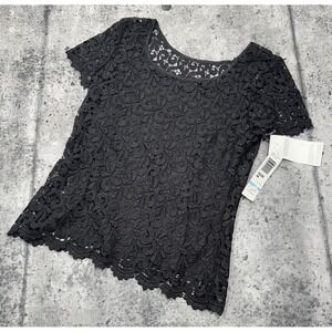 NWT M Lord & Taylor MARINA Black Lace Overlay Sleeveless‎ Top Double Vneck